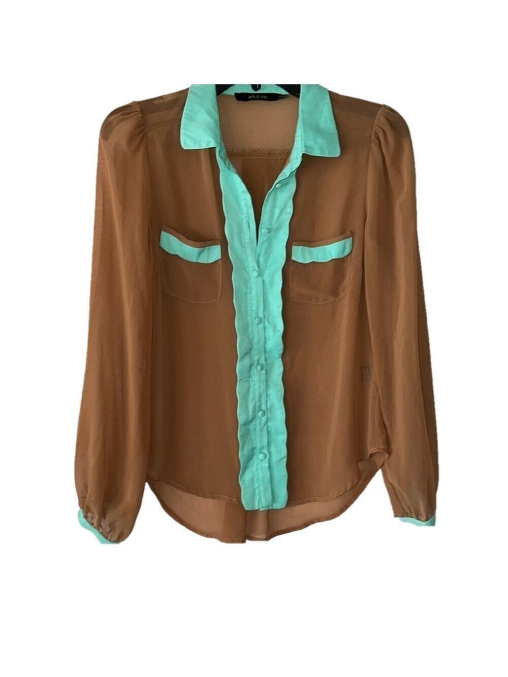 Ark & Co. Blouse, SZ S, PTP 22”, L 21”-25”, Light Brown, Pastel Green, Elegant